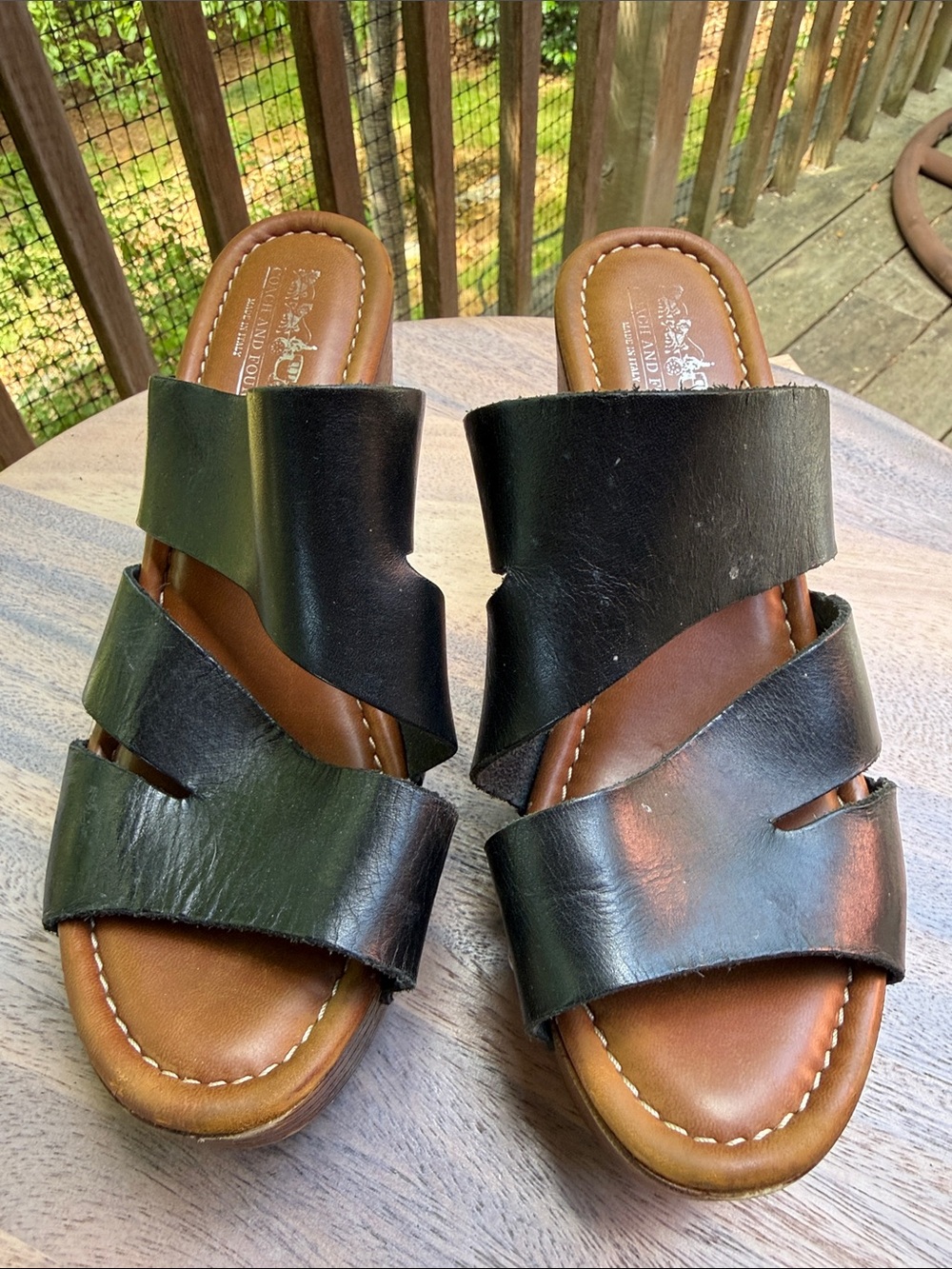Coach and Four Black Leather Crossover Slide Sandals with Brown Footbed
